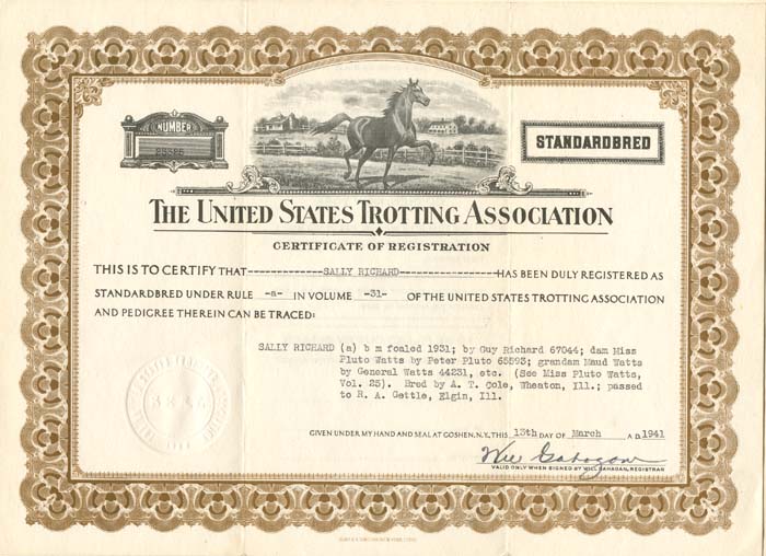 United States Trotting Association - Horse Standardbred Certificate of Registration